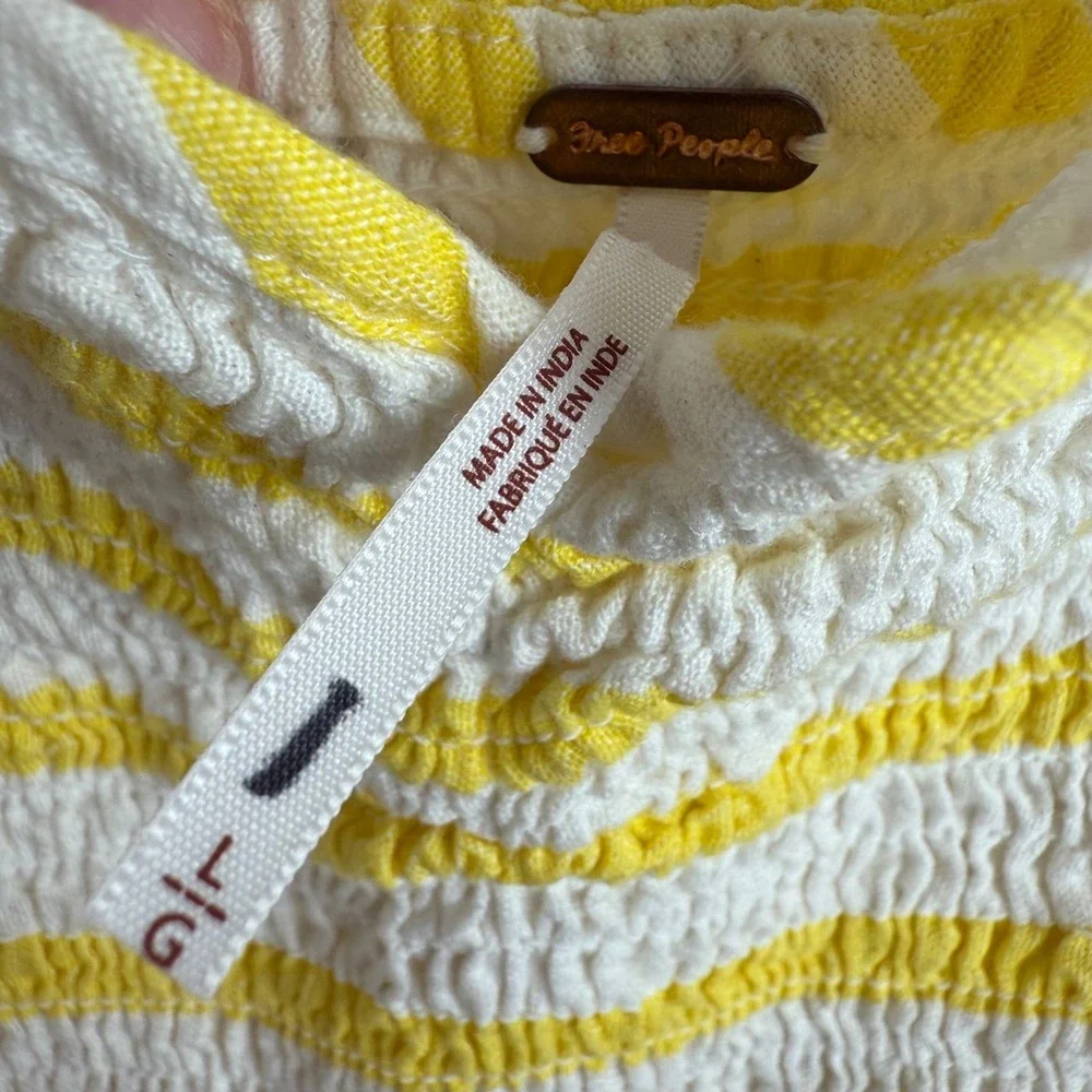Free‎ People Yellow White Striped Smocked Crop Top Ruffle Cottagecore LG Boho